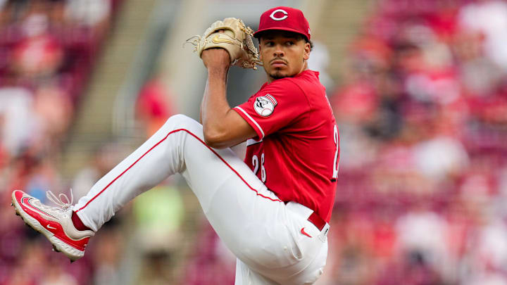 Cincinnati Reds pitcher Chase Burns (26) throws a pitch in the first inning of the MLB National League game between the Cincinnati Reds and the Colorado Rockies at Great American Ball Park in downtown Cincinnati on Tuesday, April 28, 2026. The Reds led 4-1 after three innings.