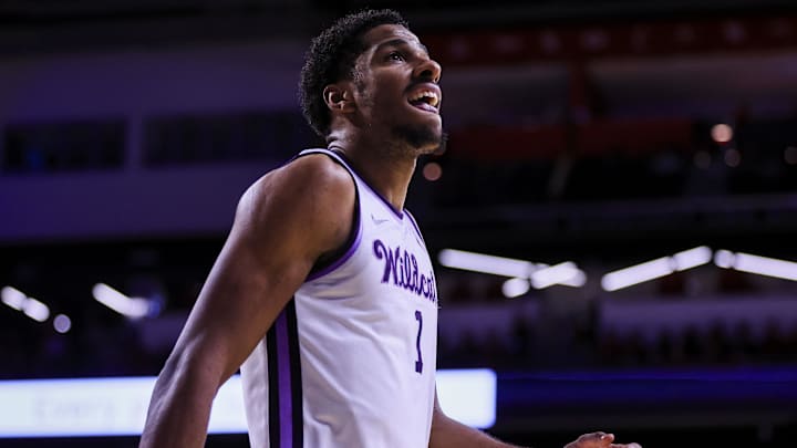 Mar 5, 2025; Cincinnati, Ohio, USA; Kansas State Wildcats guard David N'Guessan (1) reacts after a play against the Cincinnati Bearcats in the second half at Fifth Third Arena. Mandatory Credit: Katie Stratman-Imagn Images