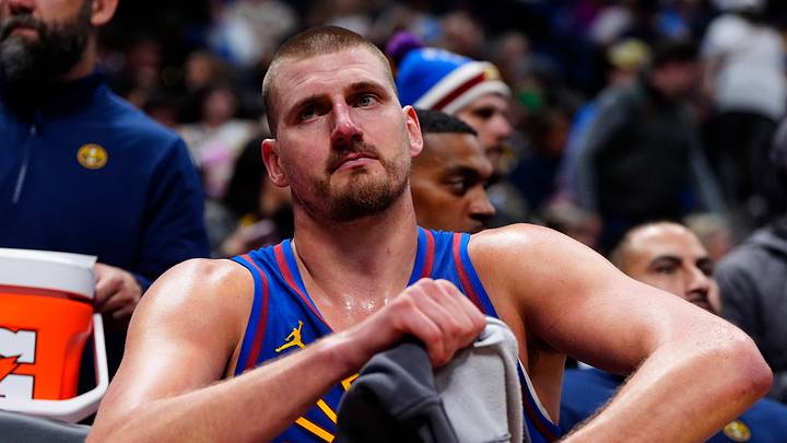 Oct 26, 2026; Denver, Colorado, USA;  Denver Nuggets center Nikola Jokic (15) on the bench in the second half against the Golden State Warriors at Ball Arena.  Mandatory Credit: Ron Chenoy-Imagn Images
