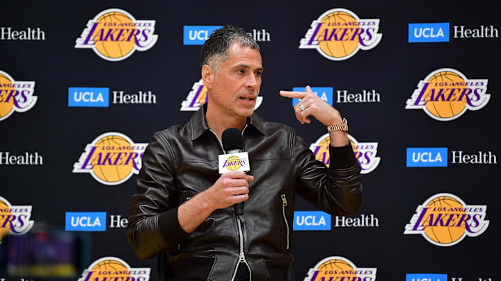 Feb 4, 2025; El Segundo, CA, USA; Los Angeles Lakers vice president of basketball operations and general manager Rob Pelinka introduced guard Luka Doncic at UCLA Health Training Center. Mandatory Credit: Gary A. Vasquez-Imagn Images