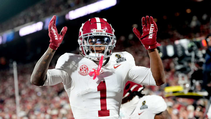Alabama 's Isaiah Horton (1) celebrates an Alabama touchdown during the College Football Playoff game between the University of Oklahoma Sooners (OU) and the Alabama Crimson Tide at the Gaylord Family - Oklahoma Memorial Stadium in Norman, Okla., Friday Dec. 19, 2025. Alabama 's Isaiah Horton (1) celebrates an Alabama touchdown during the College Football Playoff game between the University of Oklahoma Sooners (OU) and the Alabama Crimson Tide at the Gaylord Family - Oklahoma Memorial Stadium in Norman, Okla., Friday Dec. 19, 2025.