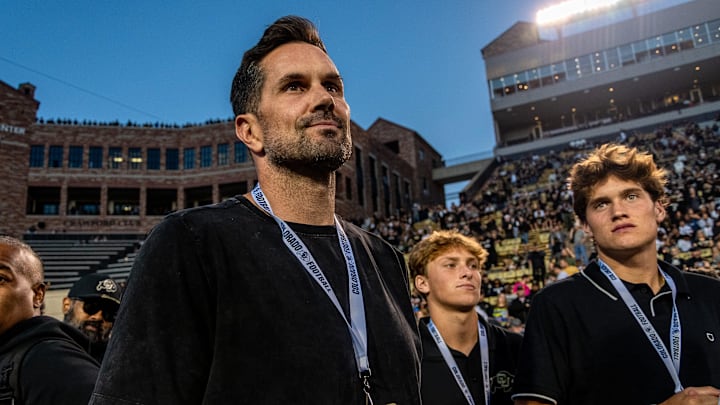 Heisman-winning quarterback Matt Leinart, a member of the Fox Big Noon Kickoff crew, walks the CU sideline before the Rocky Mountain Showdown on Sept. 16, 2023 at Folsom Field in Boulder, Colo. Heisman-winning quarterback Matt Leinart, a member of the Fox Big Noon Kickoff crew, walks the CU sideline before the Rocky Mountain Showdown on Sept. 16, 2023 at Folsom Field in Boulder, Colo.