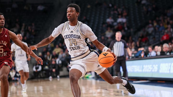 Jan 3, 2026; Atlanta, Georgia, USA; Georgia Tech Yellow Jackets forward Kowacie Reeves Jr. (14) drives to the basket against the Boston College Eagles in the second half at McCamish Pavilion. Mandatory Credit: Brett Davis-Imagn Images
Jan 3, 2026; Atlanta, Georgia, USA; Georgia Tech Yellow Jackets forward Kowacie Reeves Jr. (14) drives to the basket against the Boston College Eagles in the second half at McCamish Pavilion. Mandatory Credit: Brett Davis-Imagn Images