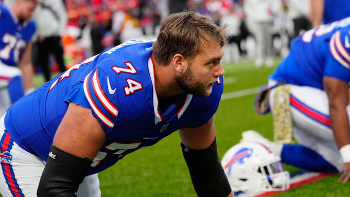 Nov 17, 2024; Orchard Park, New York, USA; Buffalo Bills offensive tackle Ryan Van Demark (74) warms up prior to the game against the Kansas City Chiefs at Highmark Stadium. Nov 17, 2024; Orchard Park, New York, USA; Buffalo Bills offensive tackle Ryan Van Demark (74) warms up prior to the game against the Kansas City Chiefs at Highmark Stadium.