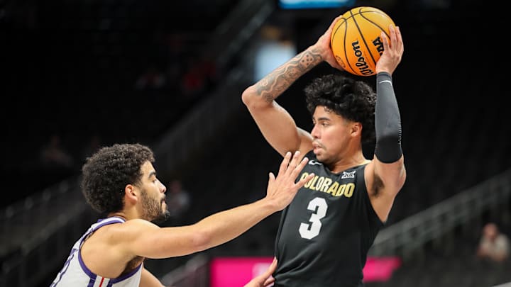 Mar 11, 2025; Kansas City, MO, USA; Colorado Buffaloes guard Julian Hammond III (3) looks to pass during the second half against the TCU Horned Frogs at T-Mobile Center. Mandatory Credit: William Purnell-Imagn Images