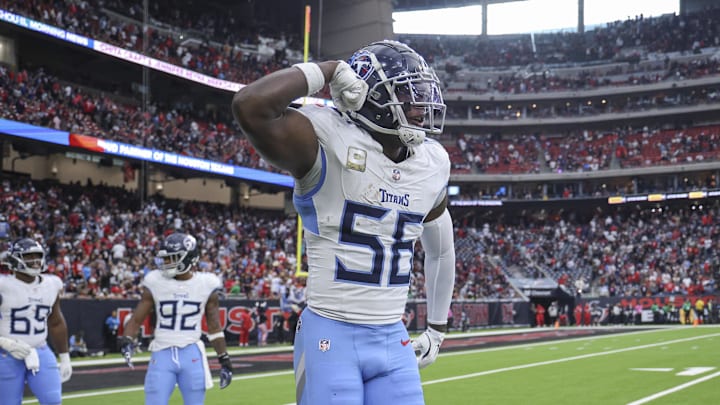 Tennessee Titans linebacker Kenneth Murray Jr. (56) reacts after a play during the fourth quarter against the Houston Texans