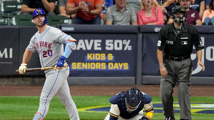 New York Mets first baseman Pete Alonso (20) hits a three-run home run off of Milwaukee Brewers starting pitcher Corbin Burnes during the fourth inning of their game Monday, September 19, 2022 at American Family Field in Milwaukee, Wis.

Brewers19 6