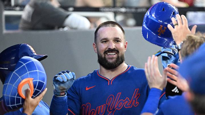 Jun 30, 2026; Toronto, Ontario, CAN;  New York Mets catcher Luis Torrens (13) celebrates with team mates in the dugout after hitting a solo home run against the Toronto Blue Jays in the seventh inning at Rogers Centre. Mandatory Credit: Dan Hamilton-Imagn Images