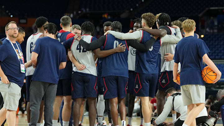 Apr 3, 2026; Indianapolis, IN, USA; The Arizona Wildcats huddle during a practice session ahead of the Final Four of the men's 2026 NCAA Tournament at Lucas Oil Stadium. Mandatory Credit: Robert Deutsch-Imagn Images