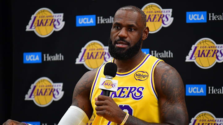 Sep 29, 2025; Los Angeles, CA, USA; Los Angeles Lakers forward LeBron James (23) during media day at UCLA Health Training Center. Mandatory Credit: Gary A. Vasquez-Imagn Images
