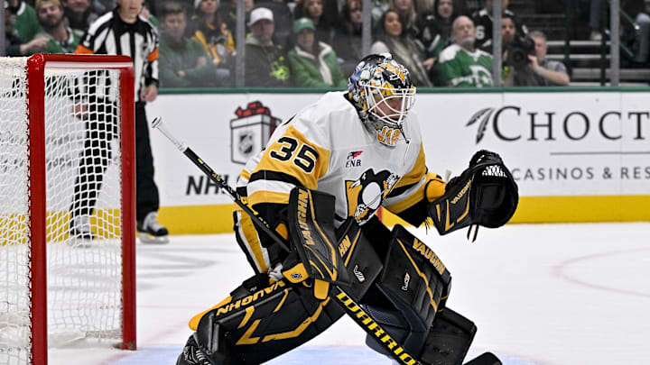 Dec 7, 2025; Dallas, Texas, USA; Pittsburgh Penguins goaltender Tristan Jarry (35) faces the Dallas Stars attack during the game at the American Airlines Center. Mandatory Credit: Jerome Miron-Imagn Images Dec 7, 2025; Dallas, Texas, USA; Pittsburgh Penguins goaltender Tristan Jarry (35) faces the Dallas Stars attack during the game at the American Airlines Center. Mandatory Credit: Jerome Miron-Imagn Images