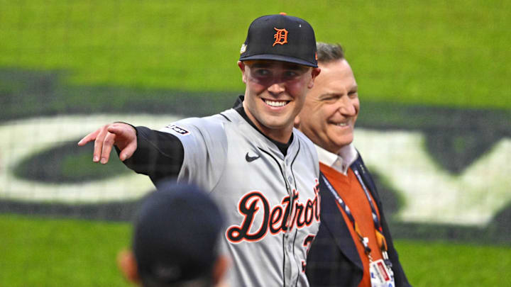 Detroit Tigers outfielder Kerry Carpenter (30) celebrates after the game against the Cleveland Guardians during game two of the ALDS for the 2024 MLB Playoffs at Progressive Field on Oct 7.