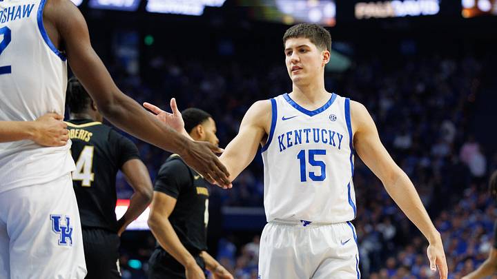 Mar 6, 2024; Lexington, Kentucky, USA; Kentucky Wildcats guard Reed Sheppard (15) fives forward Mar 6, 2024; Lexington, Kentucky, USA; Kentucky Wildcats guard Reed Sheppard (15) fives forward