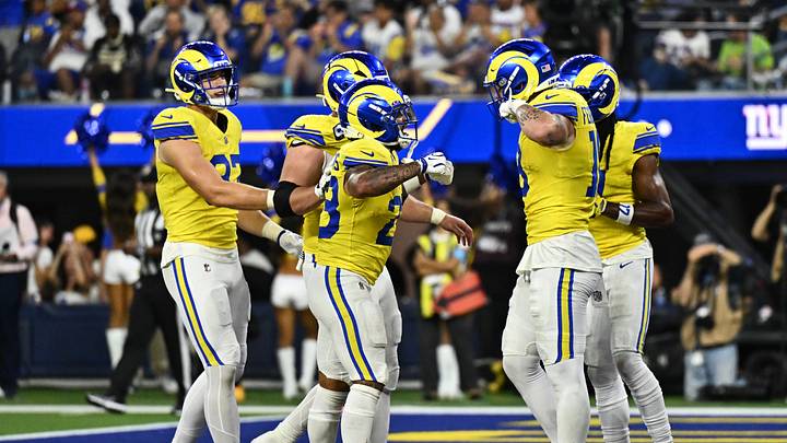 Sep 21, 2026; Inglewood, California, USA; Los Angeles Rams tight end Terrance Ferguson (18) celebrates with teammates after a touchdown during the fourth quarter against the New York Giants at SoFi Stadium. Mandatory Credit: William Liang-Imagn Images Sep 21, 2026; Inglewood, California, USA; Los Angeles Rams tight end Terrance Ferguson (18) celebrates with teammates after a touchdown during the fourth quarter against the New York Giants at SoFi Stadium. Mandatory Credit: William Liang-Imagn Images