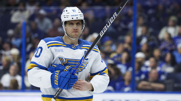 Dec 22, 2025; Tampa, Florida, USA; St. Louis Blues center Brayden Schenn (10) looks on against the Tampa Bay Lightning in the third period at Benchmark International Arena. Mandatory Credit: Nathan Ray Seebeck-Imagn Images