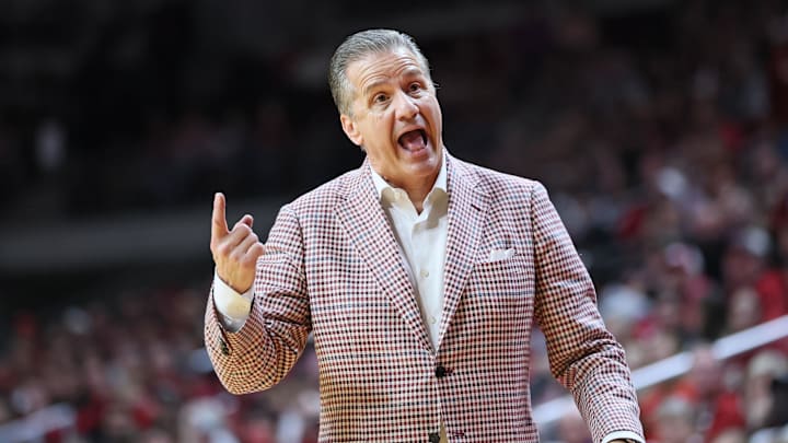 Dec 6, 2025; North Little Rock, Arkansas, USA; Arkansas Razorbacks head coach John Calipari reacts during the second half against the Fresno State Bulldogs at Simmons Bank Arena. Arkansas won 82-58. Mandatory Credit: Nelson Chenault-Imagn Images