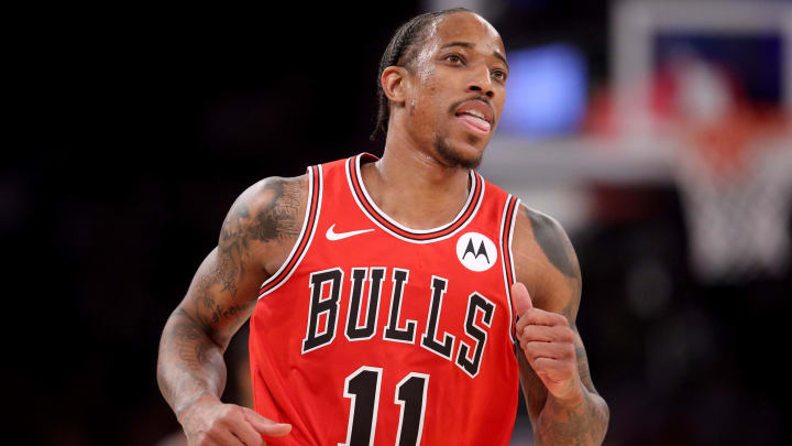 Jan 3, 2024; New York, New York, USA; Chicago Bulls forward DeMar DeRozan (11) reacts after a three point shot against the New York Knicks during the second quarter at Madison Square Garden. Mandatory Credit: Brad Penner-USA TODAY Sports