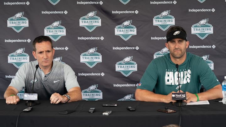 Jul 28, 2021; Philadelphia, PA, USA; Philadelphia Eagles general manager Howie Roseman (L) and head coach Nick Sirianni (R) speak with the media at training camp at NovaCare Complex. Mandatory Credit: Bill Streicher-Imagn Images