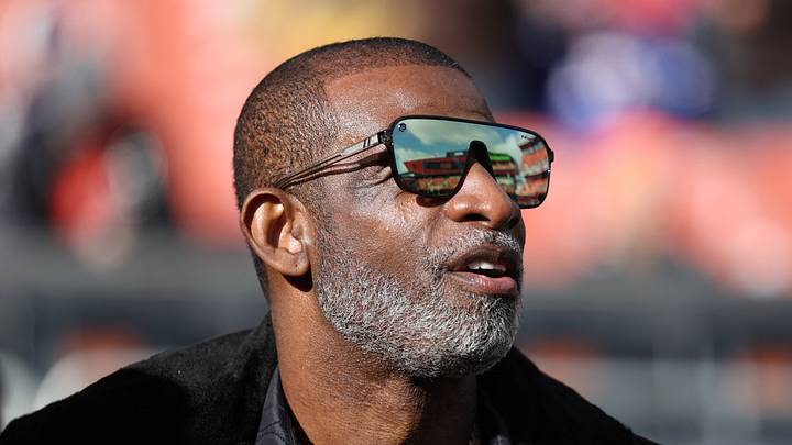 Dec 21, 2025; Cleveland, Ohio, USA;  Legendary  football and baseball player and father of Cleveland Browns quarterback Shedeur Sanders, Deion Sanders on the sidelines prior to a game against the Buffalo Bills at Huntington Bank Field. Mandatory Credit: Scott Galvin-Imagn Images