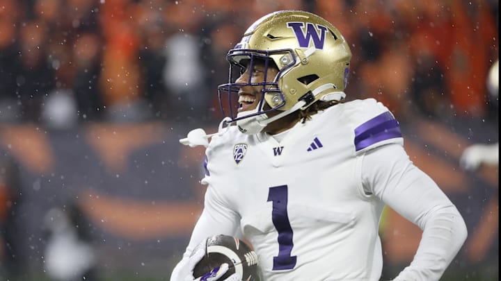 Nov 18, 2023; Corvallis, Oregon, USA; Washington Huskies  corner back Jabbar Muhammad (1) celebrates after a fumble recovery during the first half against the Oregon State Beavers at Reser Stadium. Mandatory Credit: Soobum Im-USA TODAY Sports