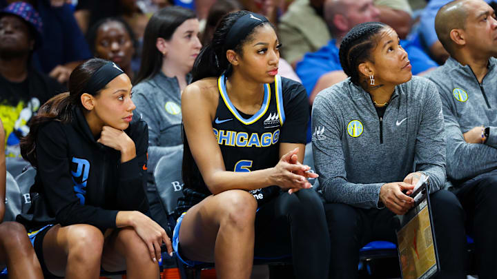 May 15, 2024; Arlington, Texas, USA; Chicago Sky forward Angel Reese (5) reacts on the bench during the second half against the Dallas Wings at College Park Center. Mandatory Credit: Kevin Jairaj-Imagn Images