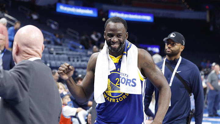 Nov 10, 2024; Oklahoma City, Oklahoma, USA; Golden State Warriors forward Draymond Green (23) gestures after his team defeated the Oklahoma City Thunder at Paycom Center. Mandatory Credit: Alonzo Adams-Imagn Images