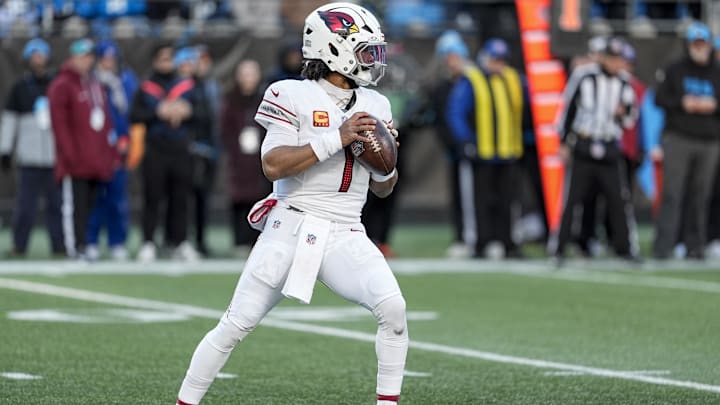Dec 22, 2024; Charlotte, North Carolina, USA; Arizona Cardinals quarterback Kyler Murray (1) drops back to pass against the Carolina Panthers during the second half at Bank of America Stadium. Mandatory Credit: Jim Dedmon-Imagn Images