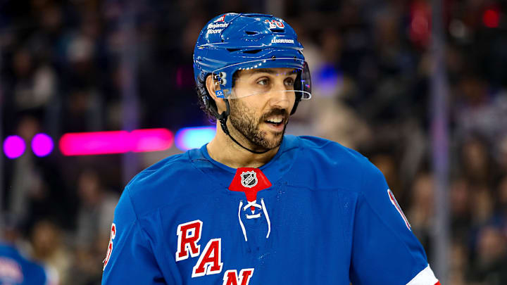 Mar 22, 2025; New York, New York, USA; New York Rangers center Vincent Trocheck (16) skates against the Vancouver Canucks during the second period at Madison Square Garden. Mandatory Credit: Danny Wild-Imagn Images Mar 22, 2025; New York, New York, USA; New York Rangers center Vincent Trocheck (16) skates against the Vancouver Canucks during the second period at Madison Square Garden. Mandatory Credit: Danny Wild-Imagn Images