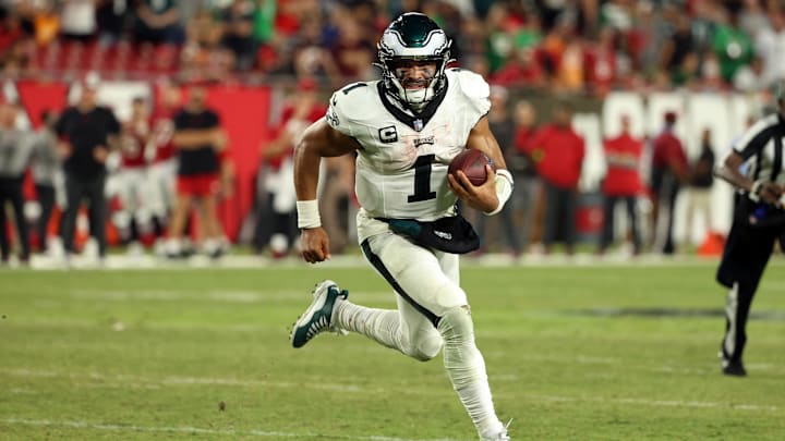 Sep 25, 2023; Tampa, Florida, USA; Philadelphia Eagles quarterback Jalen Hurts (1) runs