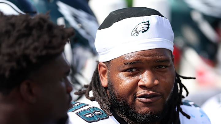 Sep 21, 2025; Philadelphia, Pennsylvania, USA; Philadelphia Eagles defensive tackle Jalen Carter (98) during the second half at Lincoln Financial Field. Mandatory Credit: Bill Streicher-Imagn Images