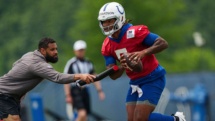 June 14, 2023; Indianapolis, IN, USA; Indianapolis Colts quarterback Anthony Richardson (5) works