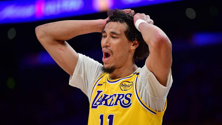 Apr 3, 2025; Los Angeles, California, USA; Los Angeles Lakers center Jaxson Hayes (11) reacts to a foul called against him during the second half at Crypto.com Arena. Mandatory Credit: Gary A. Vasquez-Imagn Images