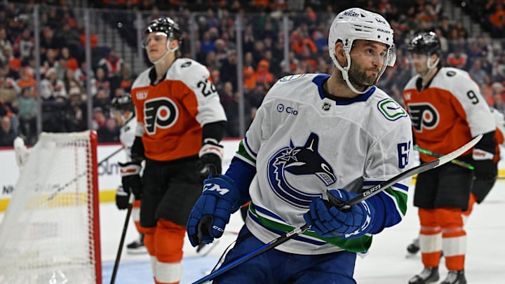 Dec 22, 2025; Philadelphia, Pennsylvania, USA; Vancouver Canucks center Max Sasson (63) celebrates his goal against the Philadelphia Flyers during the third period at Xfinity Mobile Arena. Mandatory Credit: Eric Hartline - Imagn Images