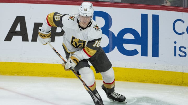 Jan 25, 2026; Ottawa, Ontario, CAN; Vegas Golden Knights right wing Pavel Dorofeyev (16) skates with the puck in the third period against the Ottawa Senators at the Canadian Tire Centre. Mandatory Credit: Marc DesRosiers-IMAGN Images