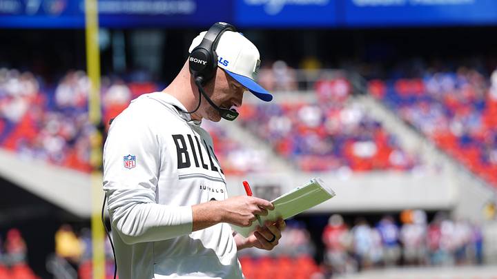 Buffalo Bills head coach Joe Brady looks at his play card during the first half aginst the Carolina Panthers at New Highmark Stadium. Mandatory Credit: Gregory Fisher-Imagn Images Buffalo Bills head coach Joe Brady looks at his play card during the first half aginst the Carolina Panthers at New Highmark Stadium. Mandatory Credit: Gregory Fisher-Imagn Images
