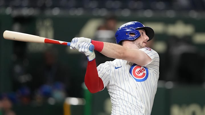 Chicago Cubs right fielder Kyle Tucker (30) bats against the Hanshin Tigers during the seventh inning at Tokyo Dome.