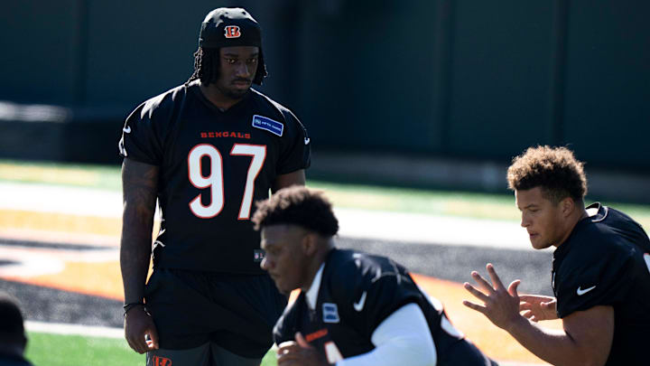 Bengals defensive end Shemar Stewart looks on during the Bengals Rookie Mini Camp on Friday, May 9, 2025 at Paycor Stadium in Cincinnati.