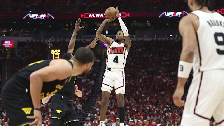 May 4, 2025; Houston, Texas, USA; Houston Rockets guard Jalen Green (4) shoots the ball during the fourth quarter of game seven of the first round for the 2025 NBA Playoffs against the Golden State Warriors at Toyota Center. Mandatory Credit: Troy Taormina-Imagn Images May 4, 2025; Houston, Texas, USA; Houston Rockets guard Jalen Green (4) shoots the ball during the fourth quarter of game seven of the first round for the 2025 NBA Playoffs against the Golden State Warriors at Toyota Center. Mandatory Credit: Troy Taormina-Imagn Images