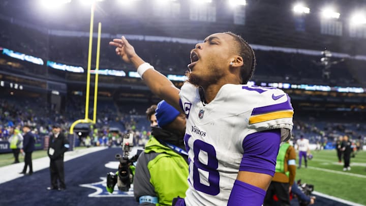 Dec 22, 2024; Seattle, Washington, USA; Minnesota Vikings wide receiver Justin Jefferson (18) celebrates following a victory against the Seattle Seahawks at Lumen Field. Mandatory Credit: Joe Nicholson-Imagn Images