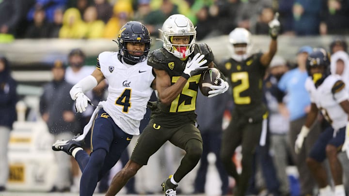 Nov 4, 2023; Eugene, Oregon, USA; Oregon Ducks wide receiver Tez Johnson (15) catches a pass for a