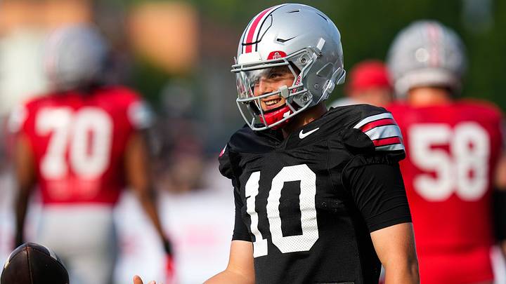 Ohio State Buckeyes quarterback Julian Sayin (10) smiles participates in the third day of training camp at the Woody Hayes Athletic Center on Aug. 8, 2026 in Columbus, Ohio. Ohio State Buckeyes quarterback Julian Sayin (10) smiles participates in the third day of training camp at the Woody Hayes Athletic Center on Aug. 8, 2026 in Columbus, Ohio.