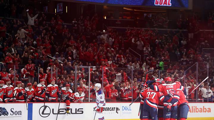 Oct 9, 2026; Washington, District of Columbia, USA; Washington Capitals defenseman Timothy Liljegren (27) celebrates with teammates after scoring a goal against the New York Rangers during the second period at Capital One Arena. Mandatory Credit: Geoff Burke-Imagn Images Oct 9, 2026; Washington, District of Columbia, USA; Washington Capitals defenseman Timothy Liljegren (27) celebrates with teammates after scoring a goal against the New York Rangers during the second period at Capital One Arena. Mandatory Credit: Geoff Burke-Imagn Images