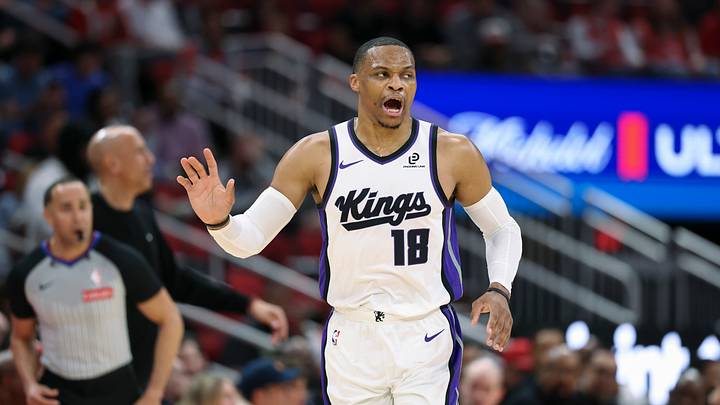 Feb 25, 2026; Houston, Texas, USA; Sacramento Kings guard Russell Westbrook (18) reacts after a play during the first half against the Houston Rockets at Toyota Center. Mandatory Credit: Troy Taormina-Imagn Images