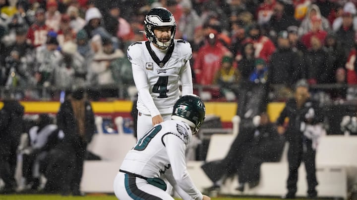 Nov 20, 2023; Kansas City, Missouri, USA; Philadelphia Eagles place kicker Jake Elliott (4) prepares