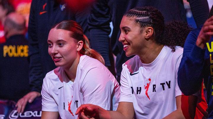 Apr 30, 2026; Indianapolis, IN, USA;  Dallas Wings guard Paige Bueckers (5) and  guard Azzi Fudd (35) before the game against the Indiana Fever. at the Gainbridge Fieldhouse. Mandatory Credit: Trevor Ruszkowski-Imagn Images