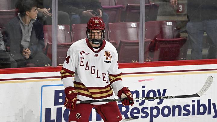 Feb 28, 2025; Chestnut Hill, MA, USA; Boston College forward Andre Gasseau (24) warms up before a game against the University of New Hampshire Wildcats at Conte Forum. Mandatory Credit: Eric Canha-Imagn Images