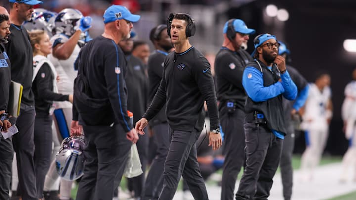 Jan 5, 2025; Atlanta, Georgia, USA; Carolina Panthers head coach Dave Canales on the sideline against the Atlanta Falcons in the fourth quarter at Mercedes-Benz Stadium. Mandatory Credit: Brett Davis-Imagn Images