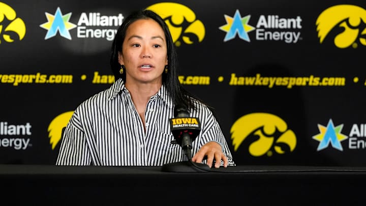 Iowa head coach Clarissa Chun fields questions from journalists during the Iowa women’s wrestling team media day Oct. 30, 2025 in Iowa City, Iowa.
