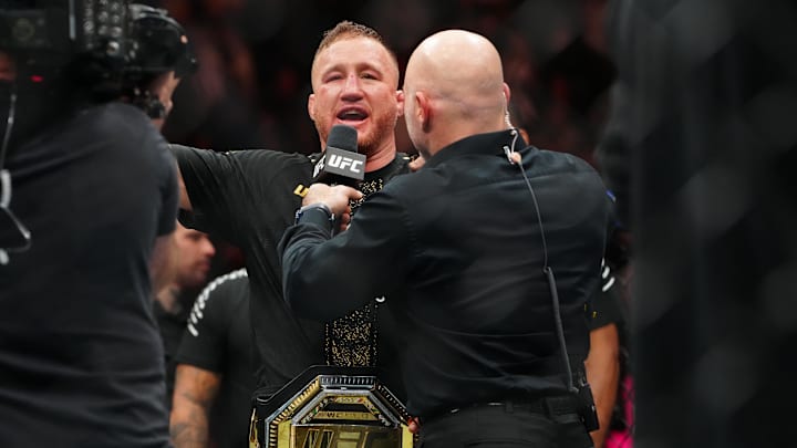 Jan 24, 2026; Las Vegas, Nevada, USA; Justin Gaethje (red gloves) reacts after the fight against Paddy Pimblett (blue gloves) during UFC 324 at T-Mobile Arena. Mandatory Credit: Stephen R. Sylvanie-Imagn Images