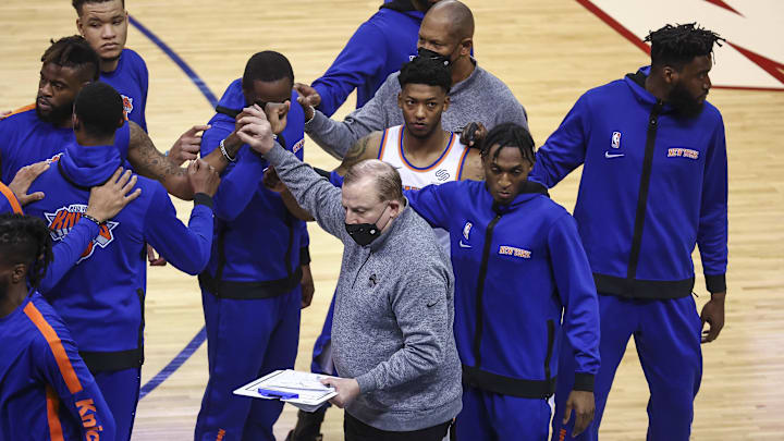 May 2, 2021; Houston, Texas, USA; New York Knicks head coach Tom Thibodeau huddles with the team before the game against the Houston Rockets at Toyota Center. Mandatory Credit: Troy Taormina-Imagn Images